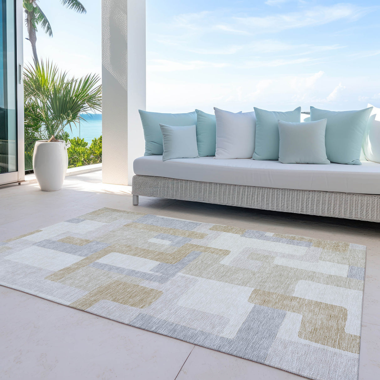 Machine Washable Indoor/ Outdoor Contempoary Blocks Chantille Rug