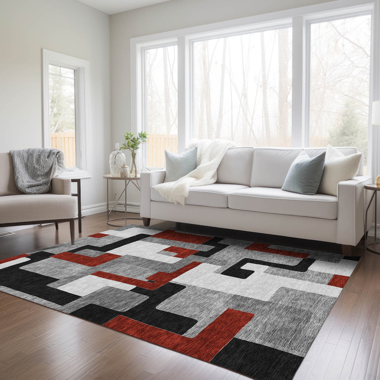 Machine Washable Indoor/ Outdoor Contempoary Blocks Chantille Rug