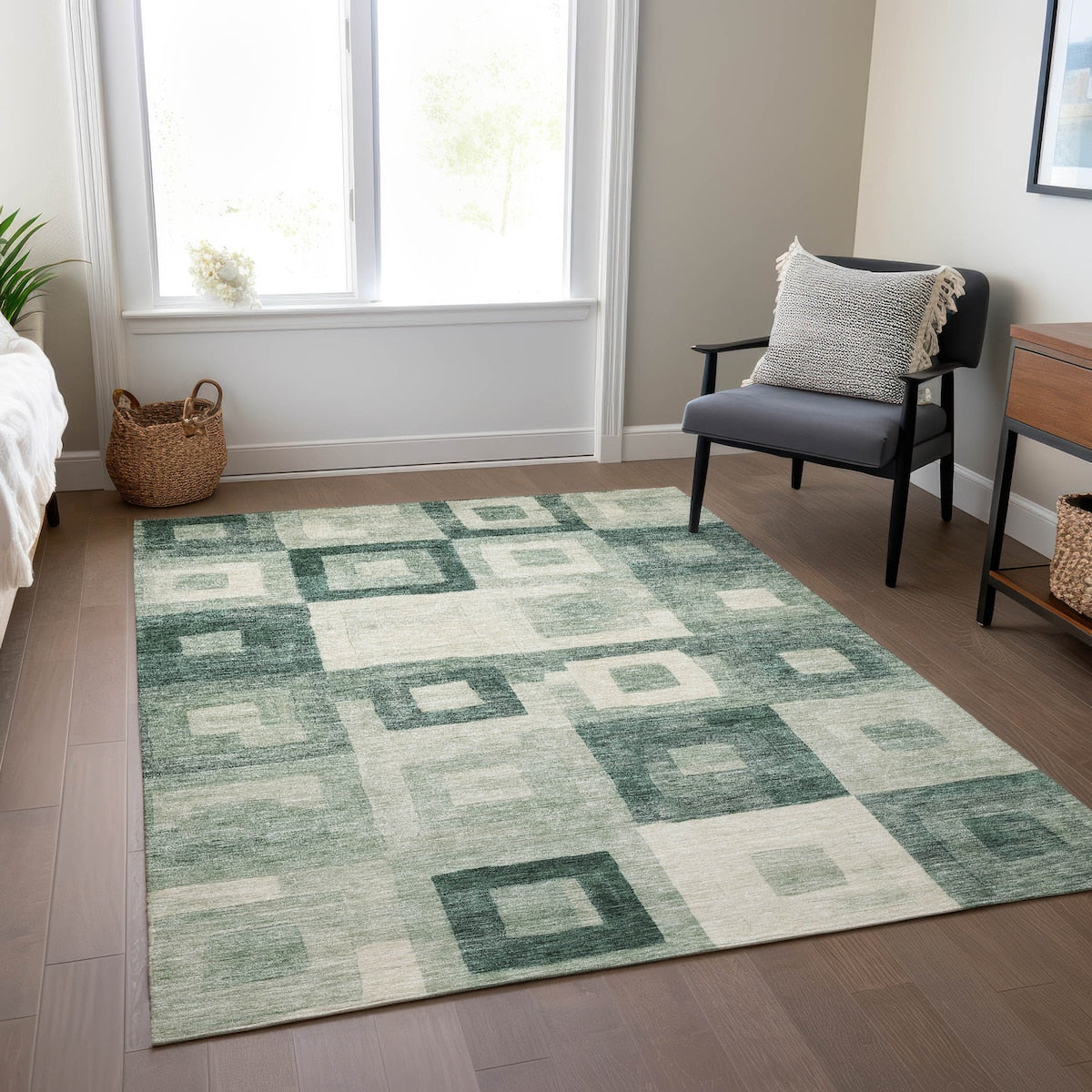 Machine Washable Indoor/ Outdoor Contemporary Blocks Chantille Rug