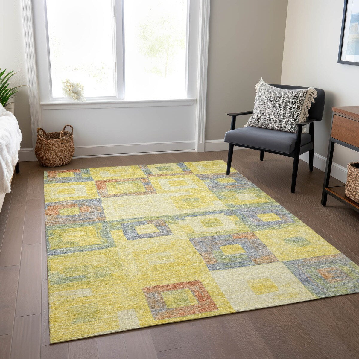 Machine Washable Indoor/ Outdoor Contemporary Blocks Chantille Rug