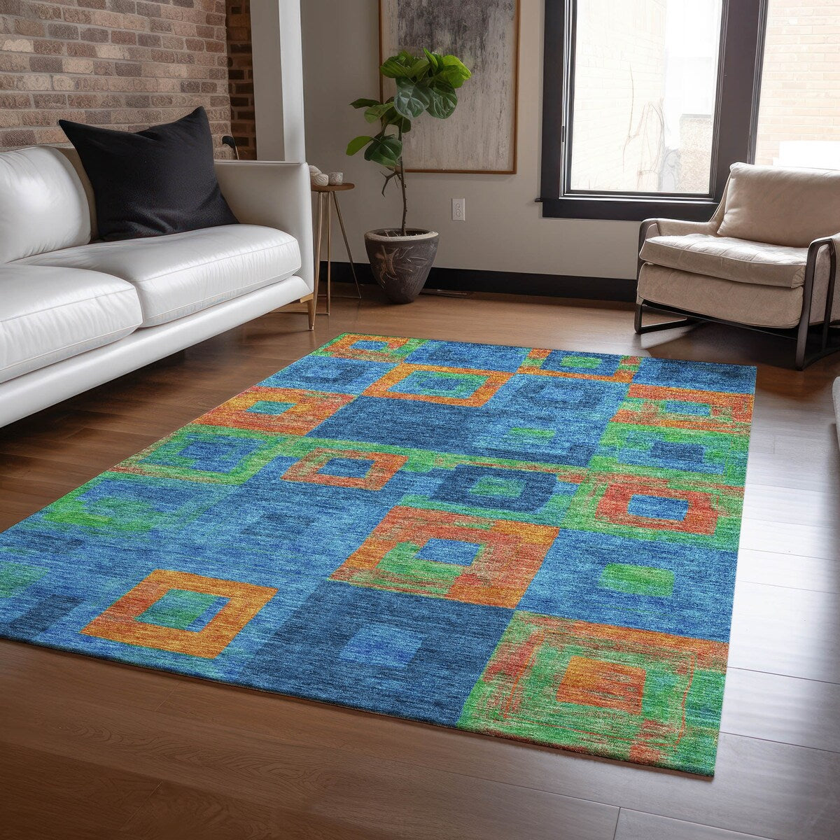 Machine Washable Indoor/ Outdoor Contemporary Blocks Chantille Rug