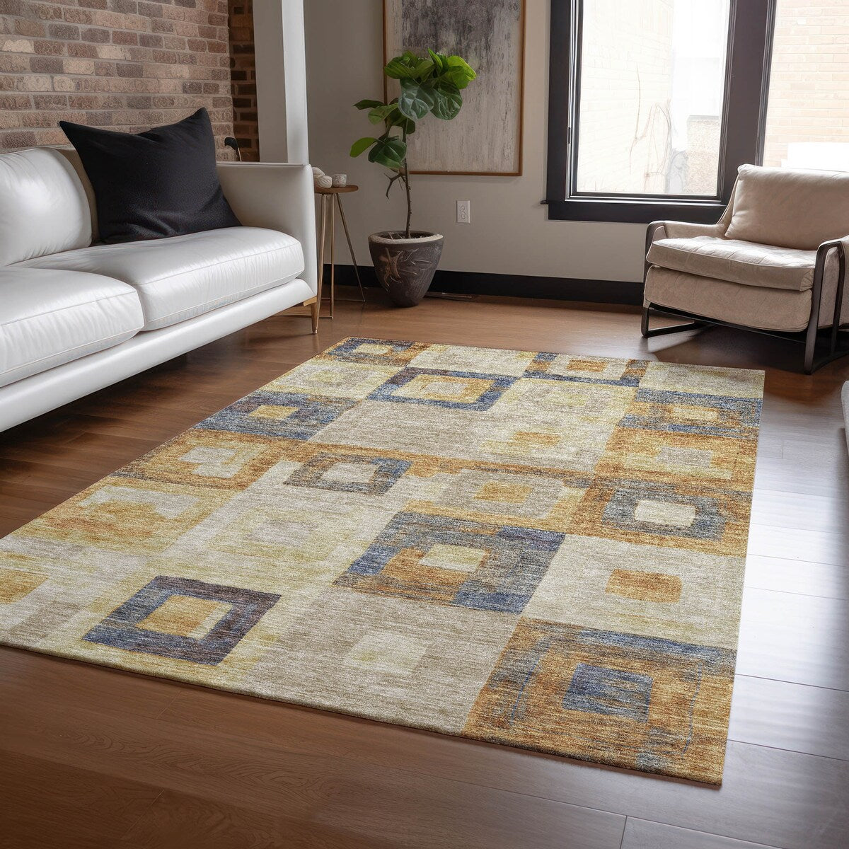 Machine Washable Indoor/ Outdoor Contemporary Blocks Chantille Rug