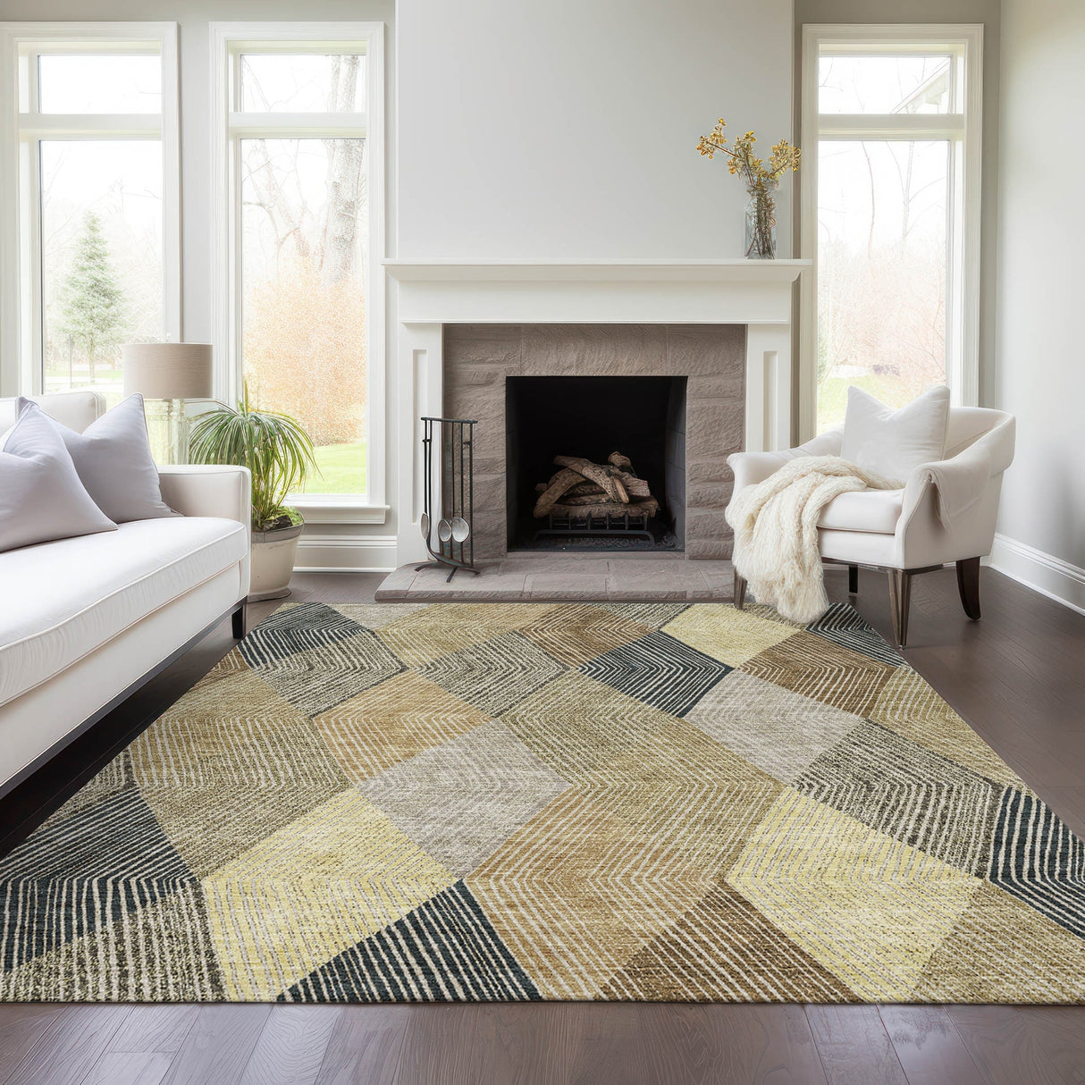 Machine Washable Indoor/ Outdoor Diamond Stripes Chantille Rug