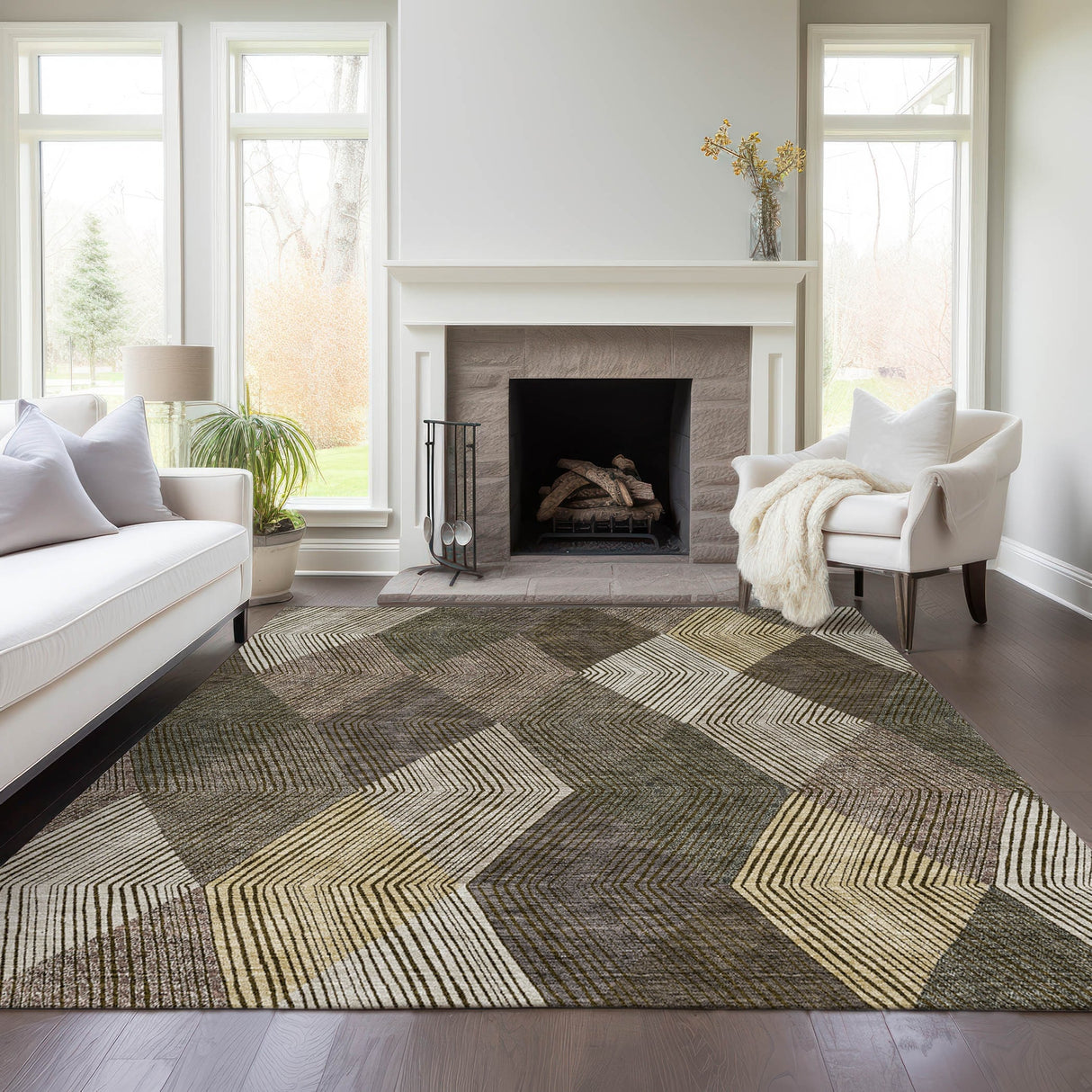 Machine Washable Indoor/ Outdoor Diamond Stripes Chantille Rug