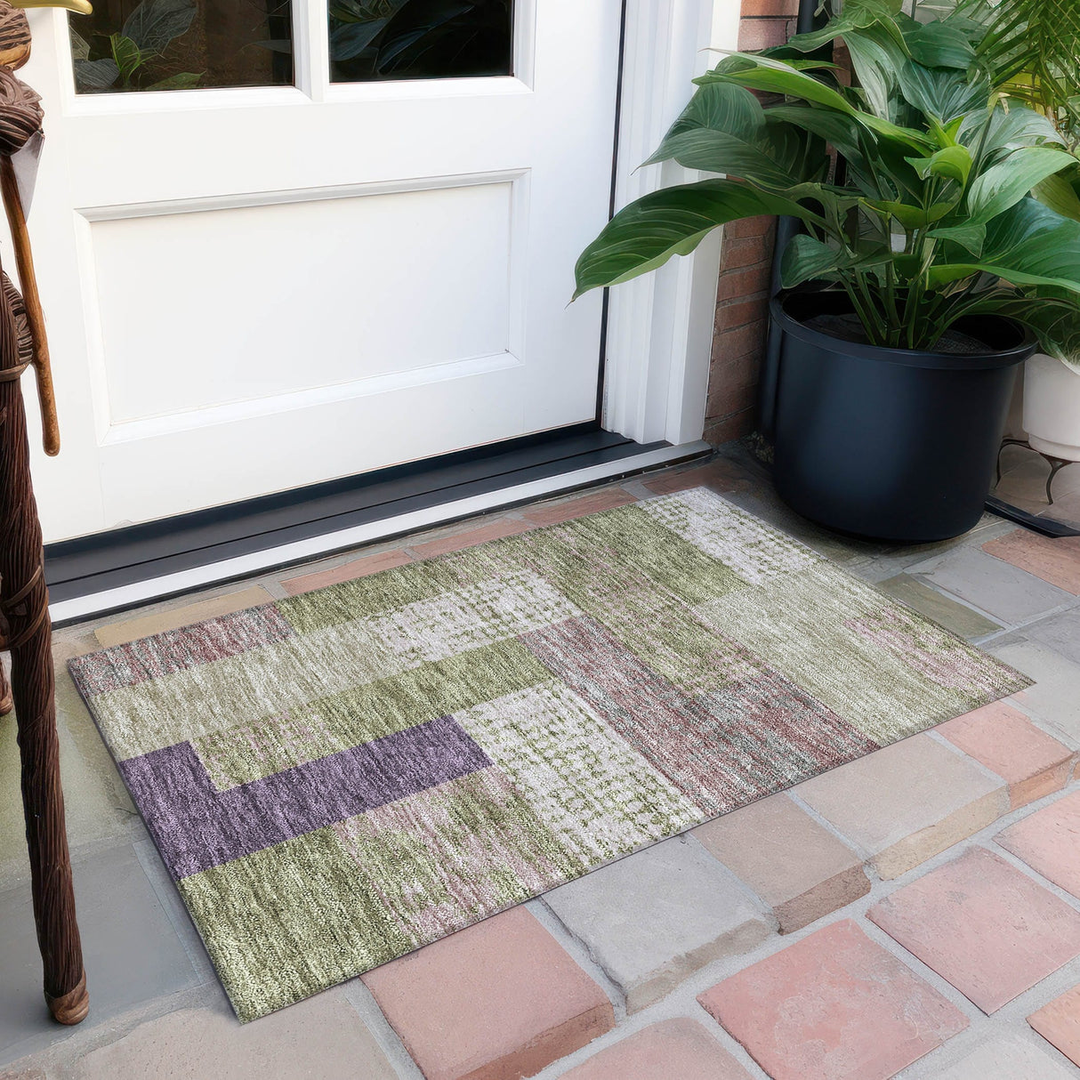Machine Washable Indoor/ Outdoor Modern Blocks Chantille Rug