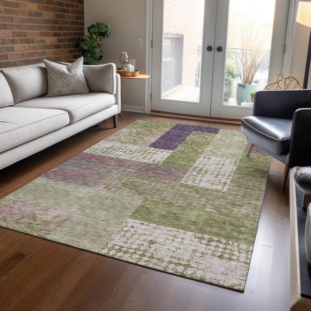 Machine Washable Indoor/ Outdoor Modern Blocks Chantille Rug