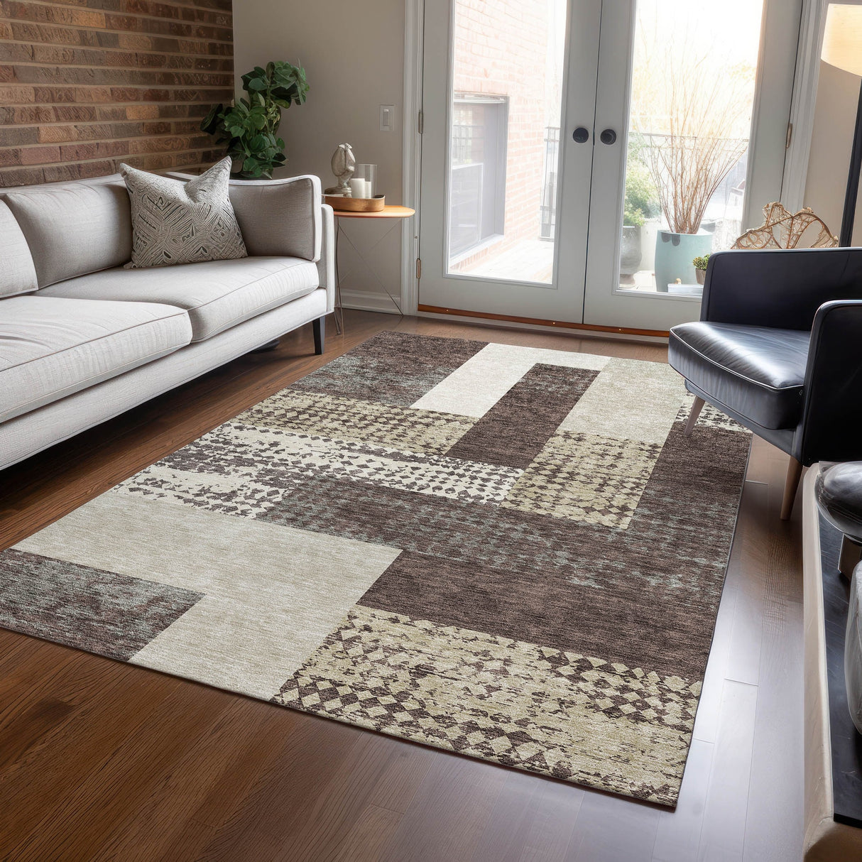 Machine Washable Indoor/ Outdoor Modern Blocks Chantille Rug