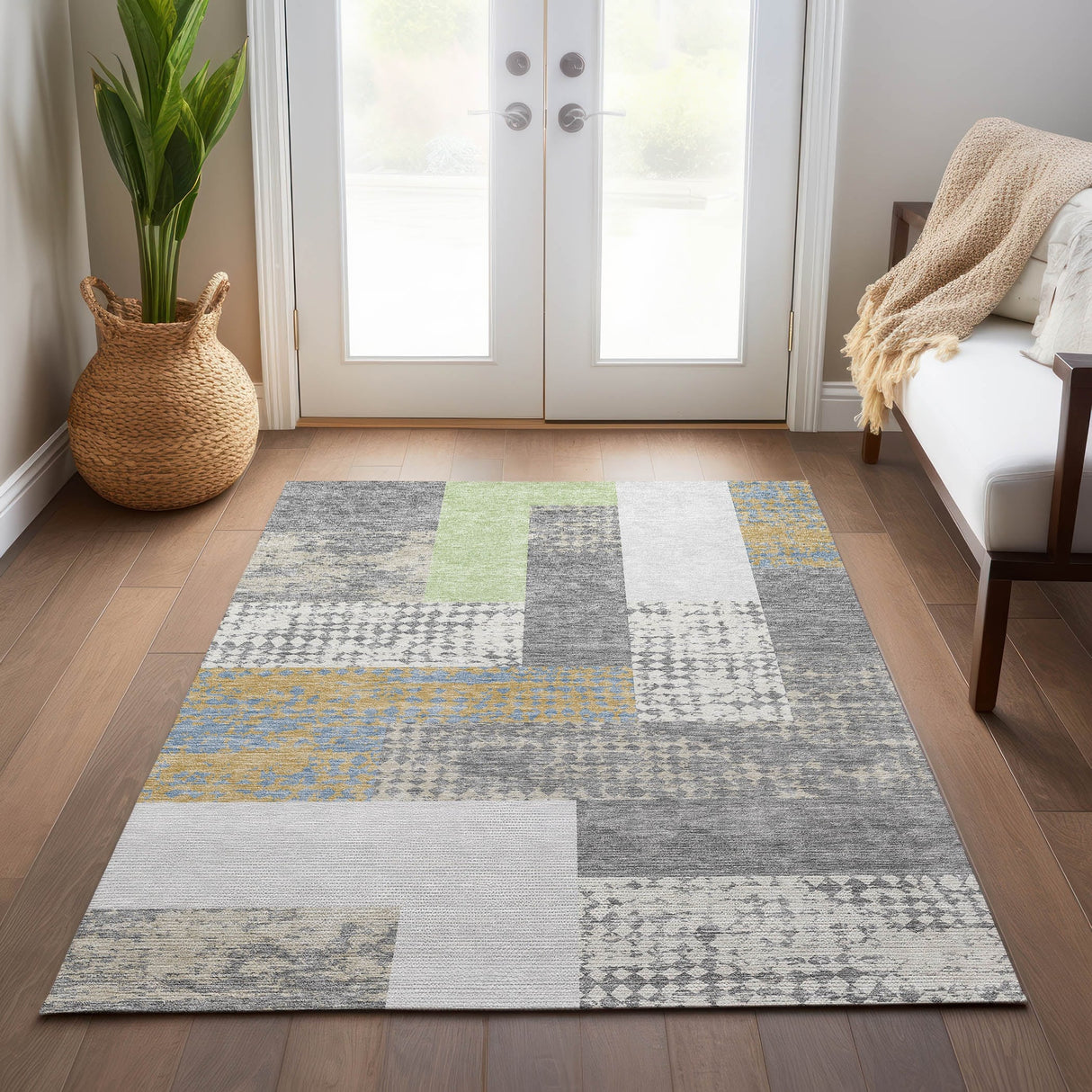 Machine Washable Indoor/ Outdoor Modern Blocks Chantille Rug