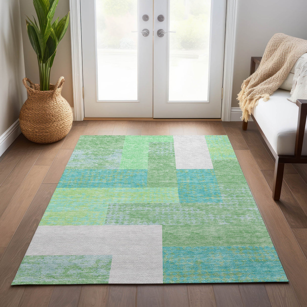Machine Washable Indoor/ Outdoor Modern Blocks Chantille Rug