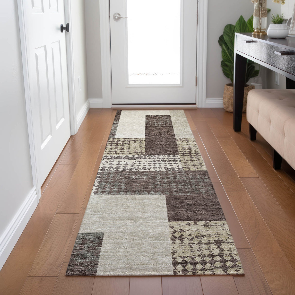 Machine Washable Indoor/ Outdoor Modern Blocks Chantille Rug