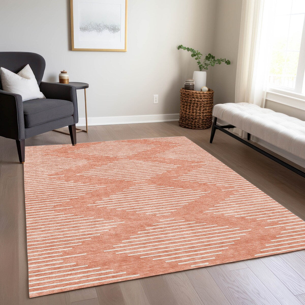 Machine Washable Indoor/ Outdoor Modern Stripe Chantille Rug