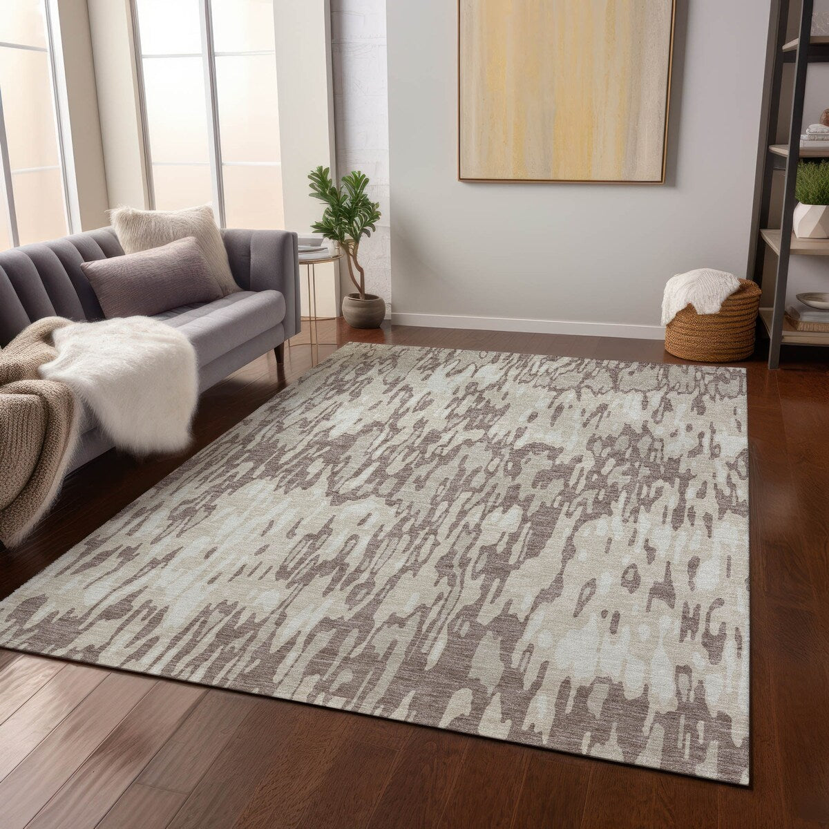 Machine Washable Indoor/ Outdoor Modern Watercolor Chantille Rug