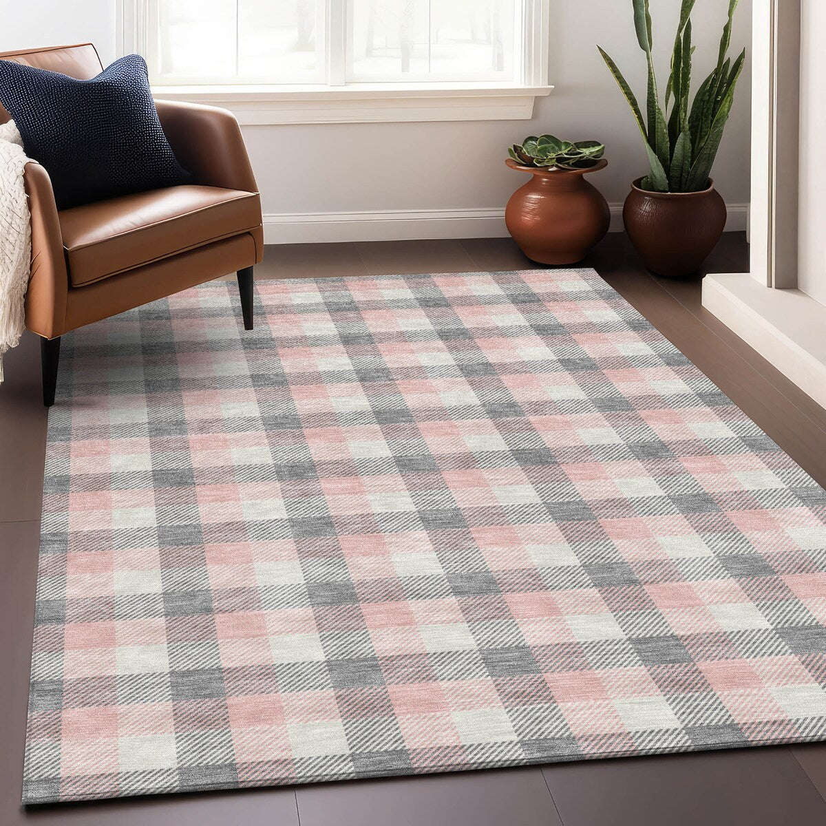 Machine Washable Indoor/ Outdoor Plaid Chantille Rug