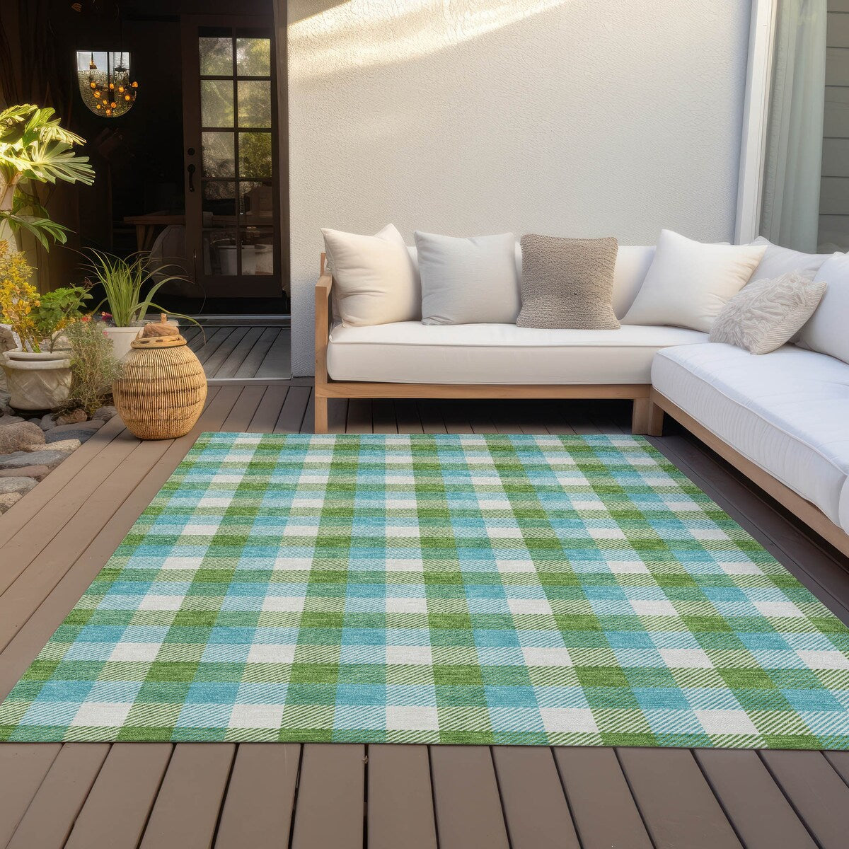 Machine Washable Indoor/ Outdoor Plaid Chantille Rug