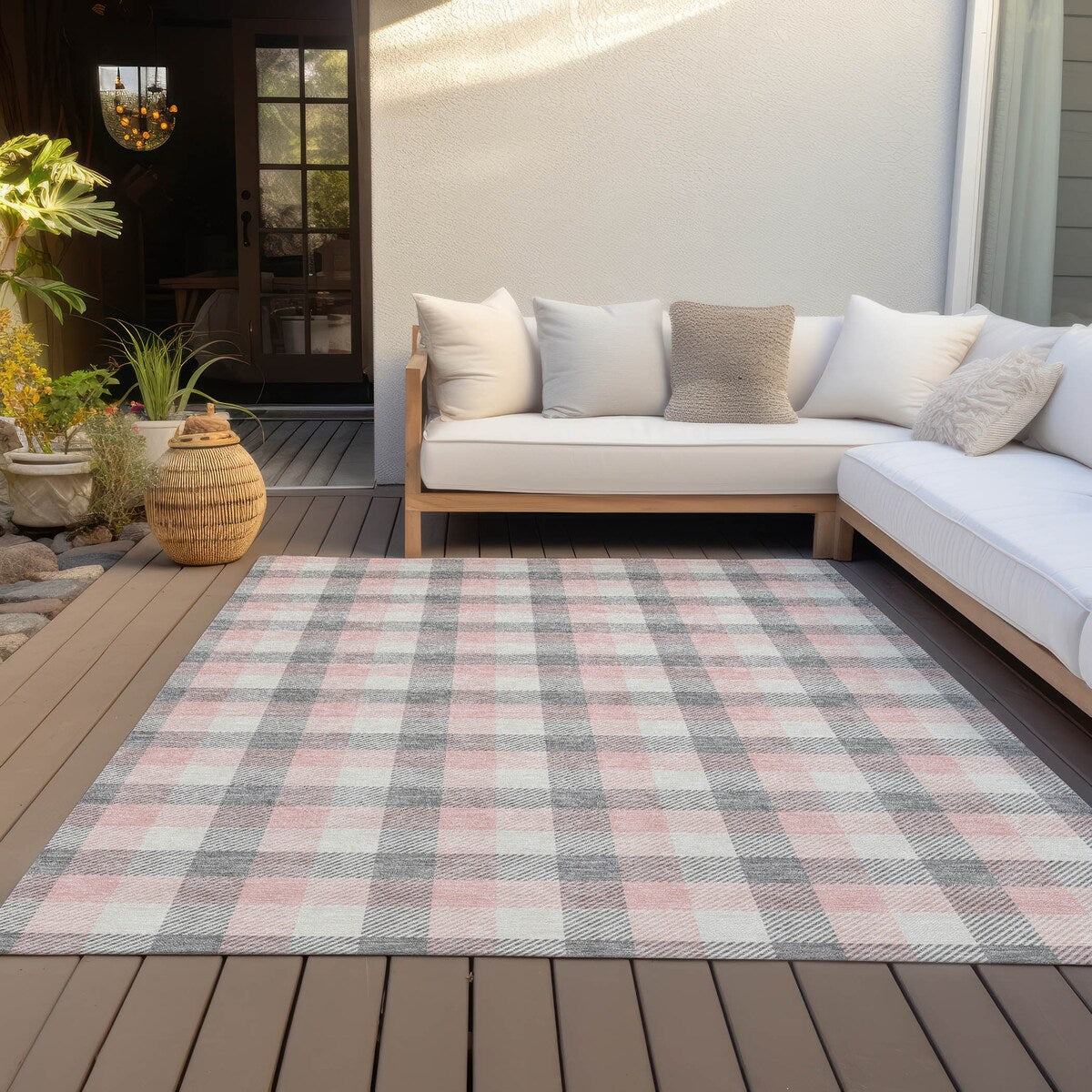 Machine Washable Indoor/ Outdoor Plaid Chantille Rug