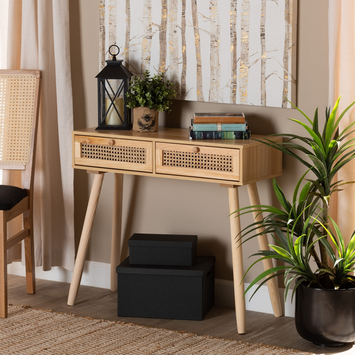 Maclean Mid-Century Modern Rattan and Natural Wood Console Table