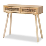 Maclean Mid-Century Modern Rattan and Natural Wood Console Table