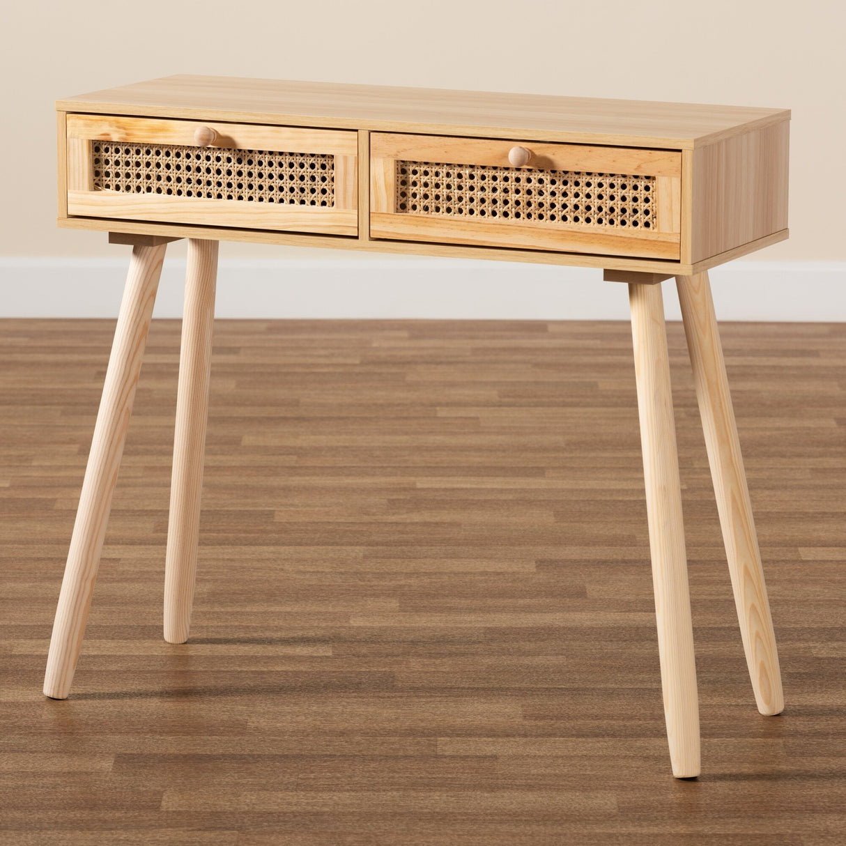 Maclean Mid-Century Modern Rattan and Natural Wood Console Table