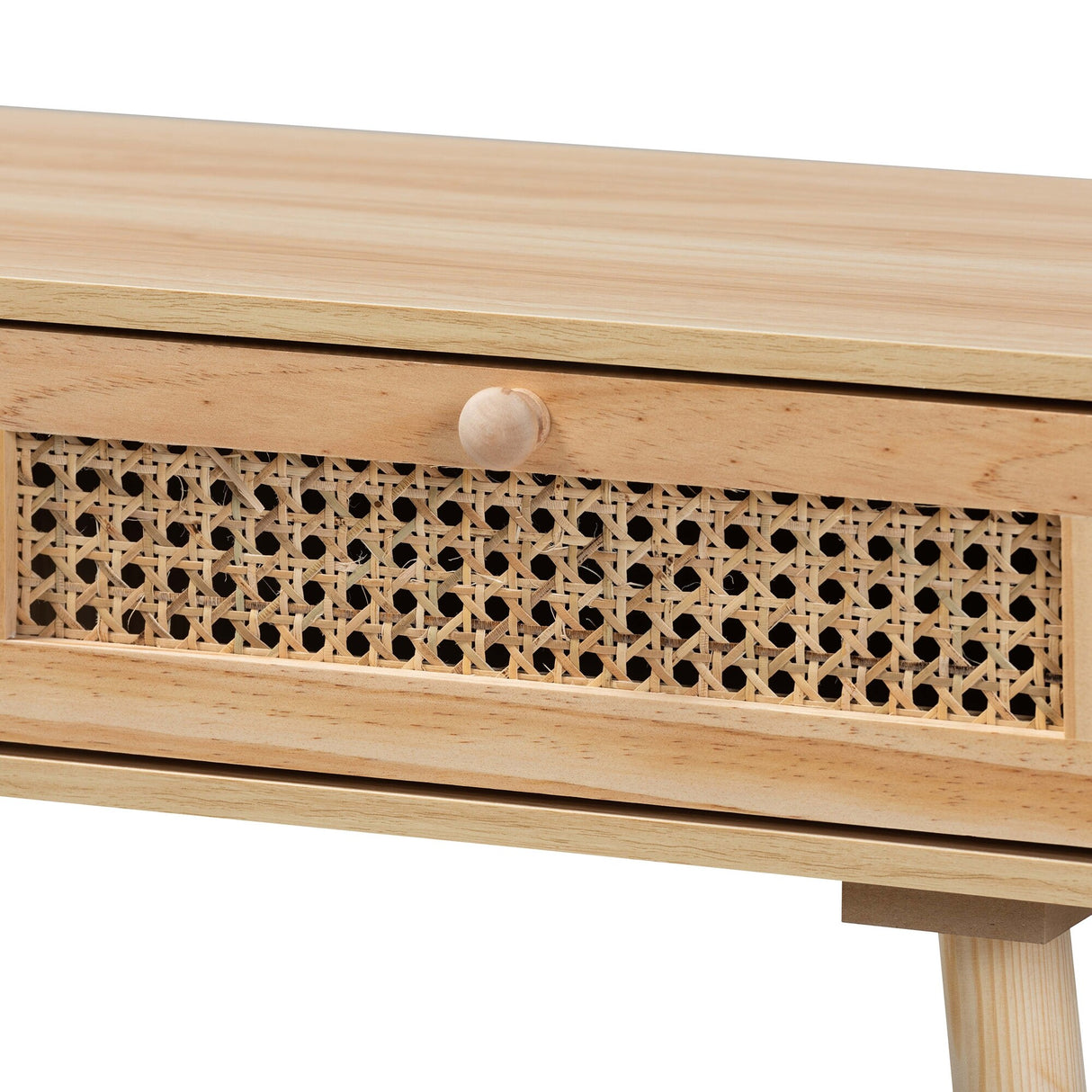 Maclean Mid-Century Modern Rattan and Natural Wood Console Table
