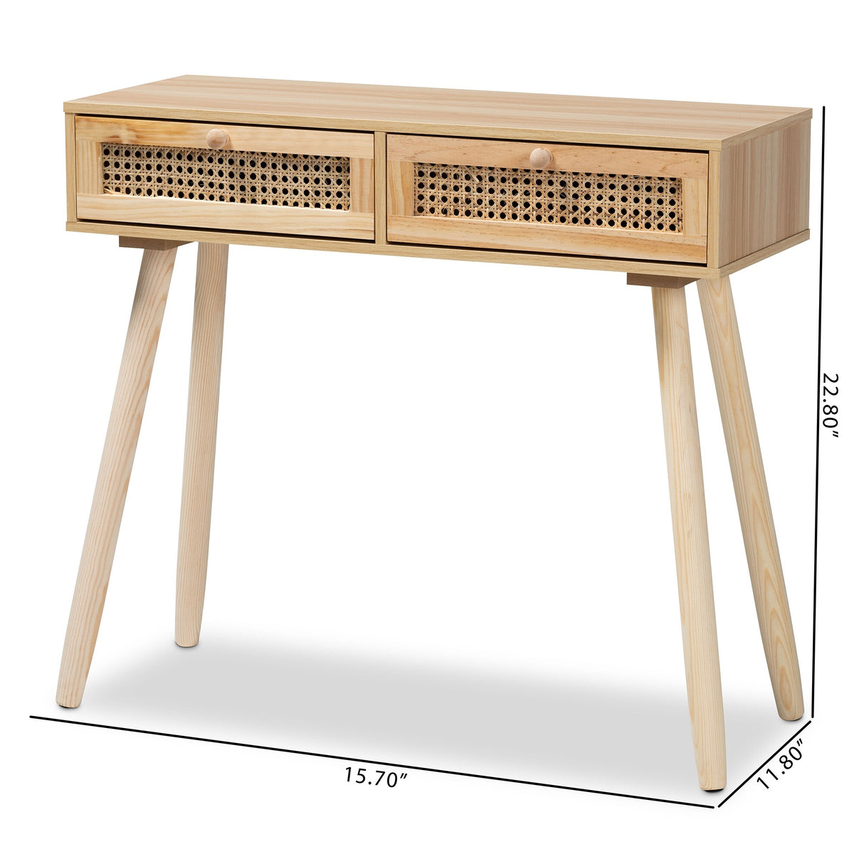 Maclean Mid-Century Modern Rattan and Natural Wood Console Table