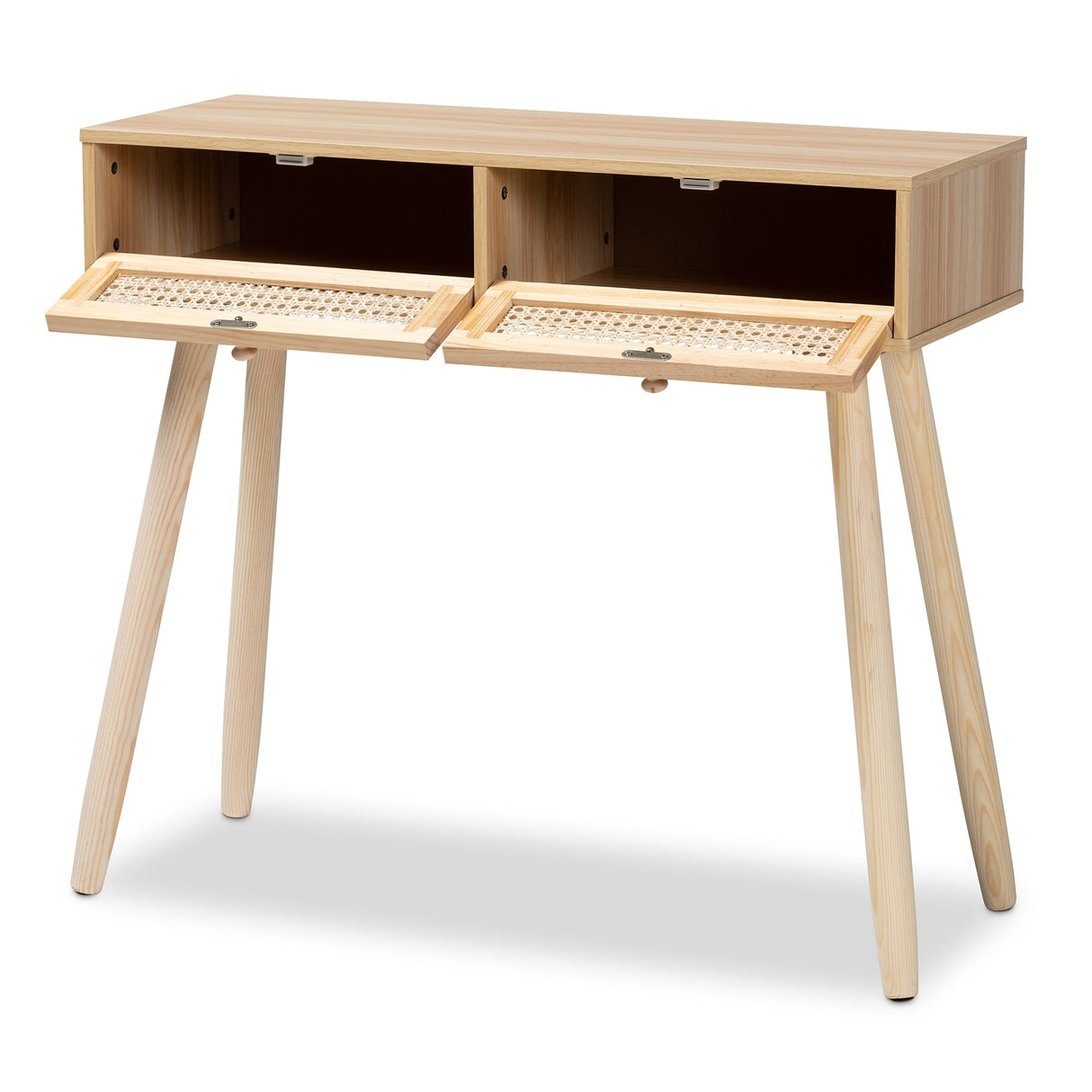 Maclean Mid-Century Modern Rattan and Natural Wood Console Table