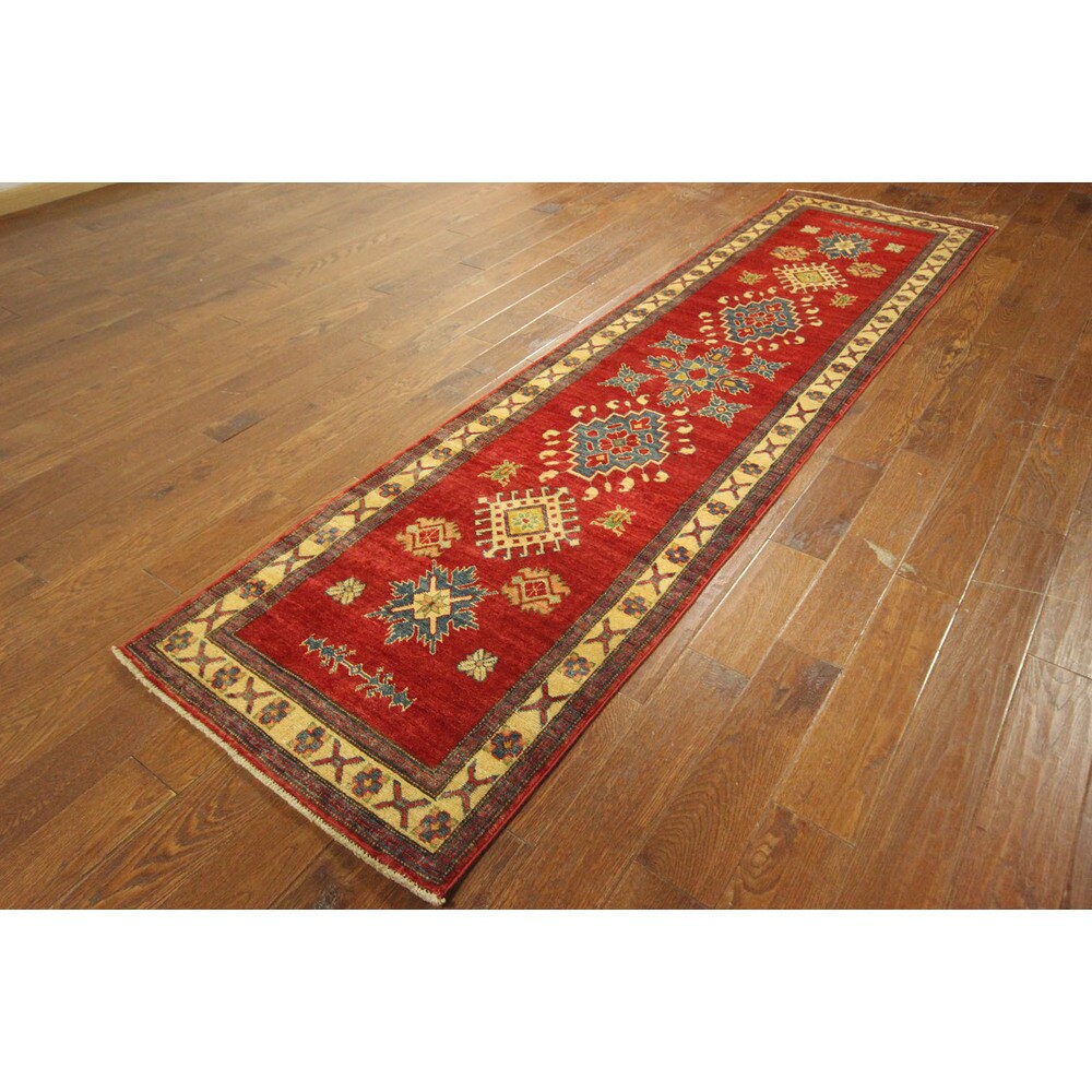 Made In Pakistan Hand-knotted Wool Super Kazak Love Red Tribal Rug (3' x 10')