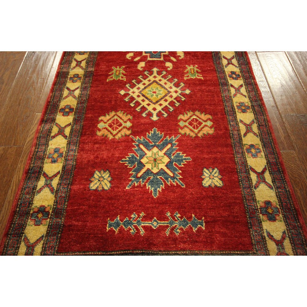 Made In Pakistan Hand-knotted Wool Super Kazak Love Red Tribal Rug (3' x 10')