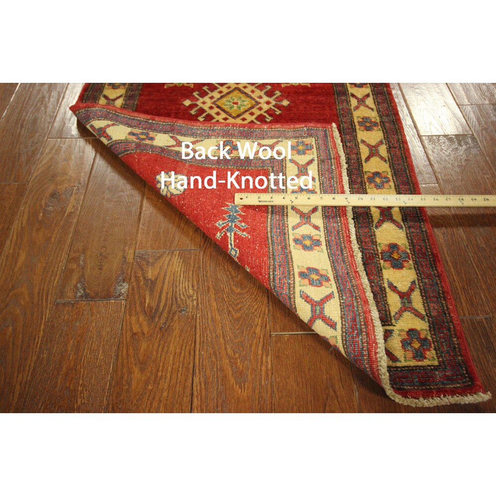 Made In Pakistan Hand-knotted Wool Super Kazak Love Red Tribal Rug (3' x 10')