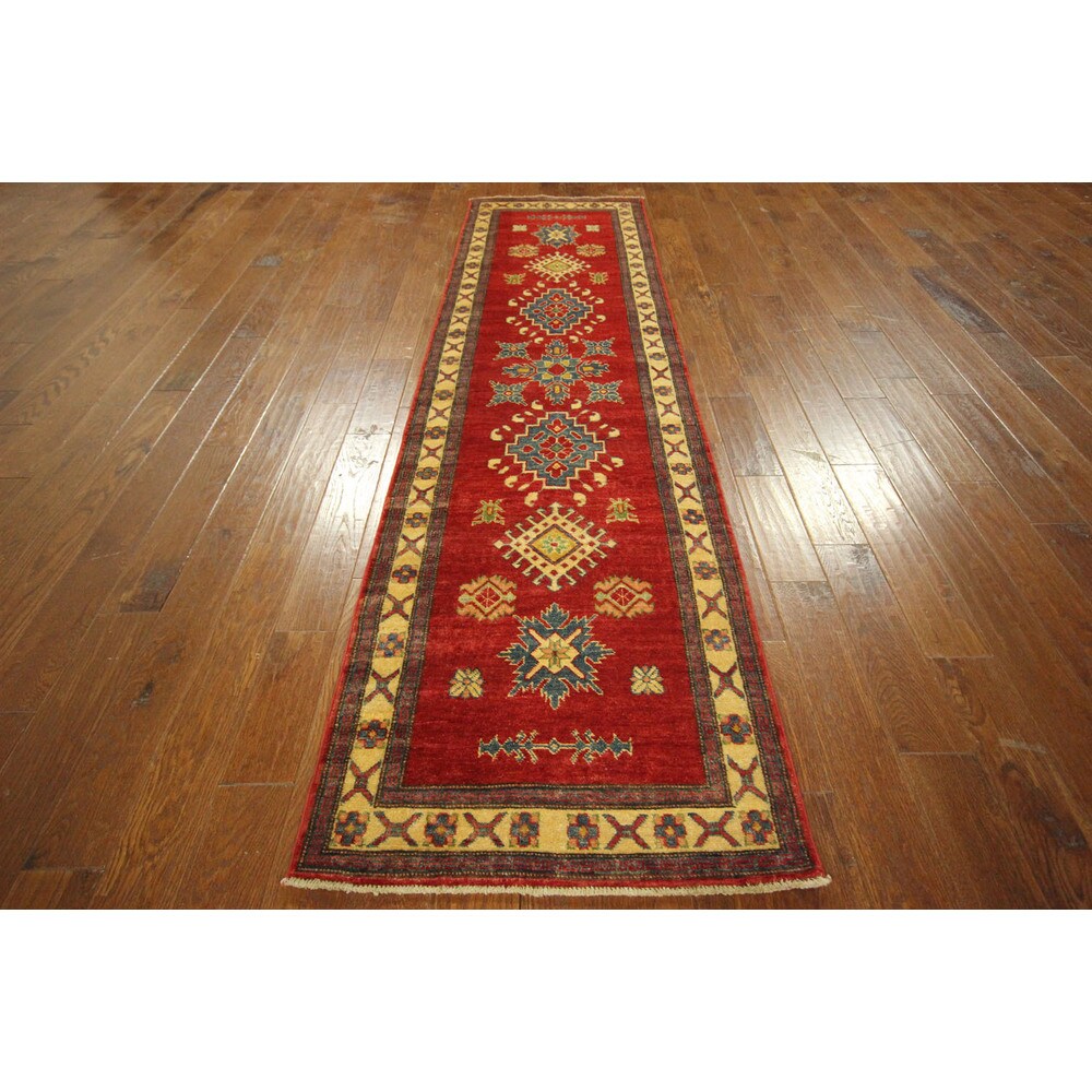 Made In Pakistan Hand-knotted Wool Super Kazak Love Red Tribal Rug (3' x 10')
