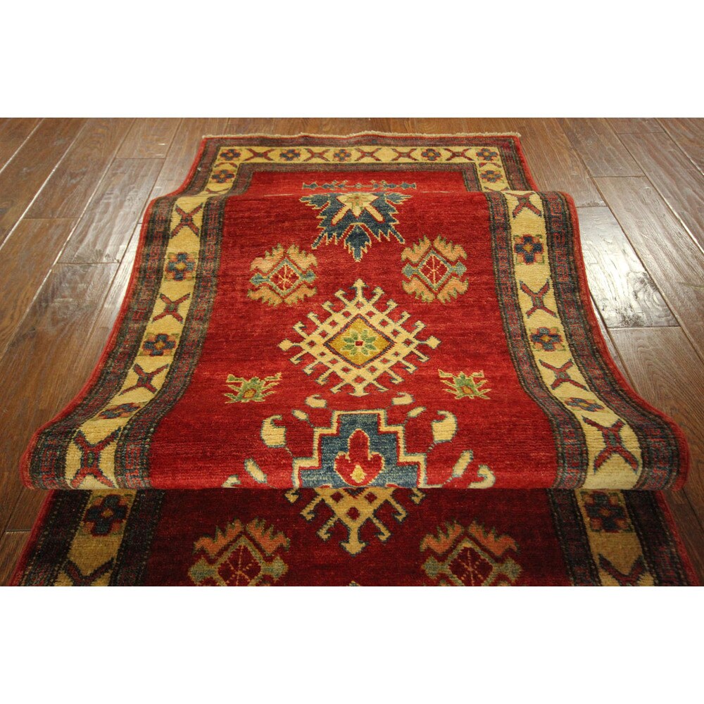 Made In Pakistan Hand-knotted Wool Super Kazak Love Red Tribal Rug (3' x 10')