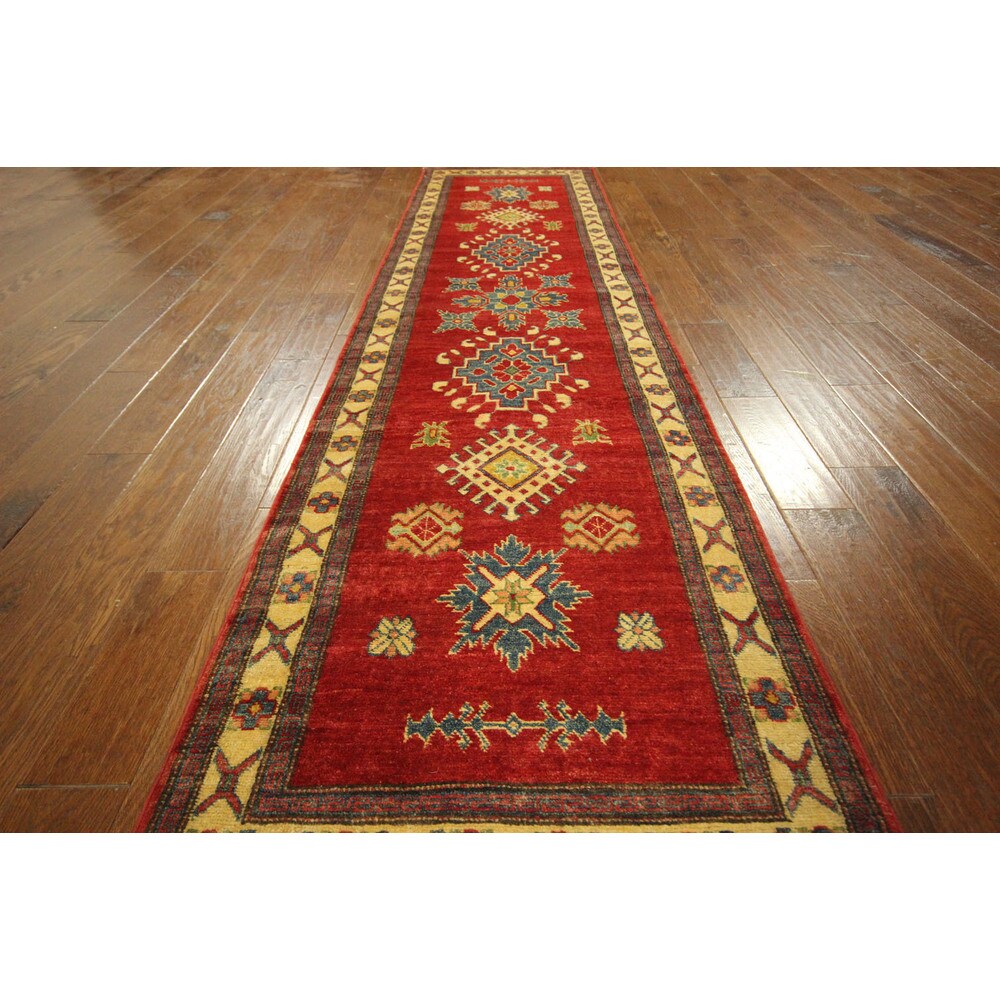 Made In Pakistan Hand-knotted Wool Super Kazak Love Red Tribal Rug (3' x 10')