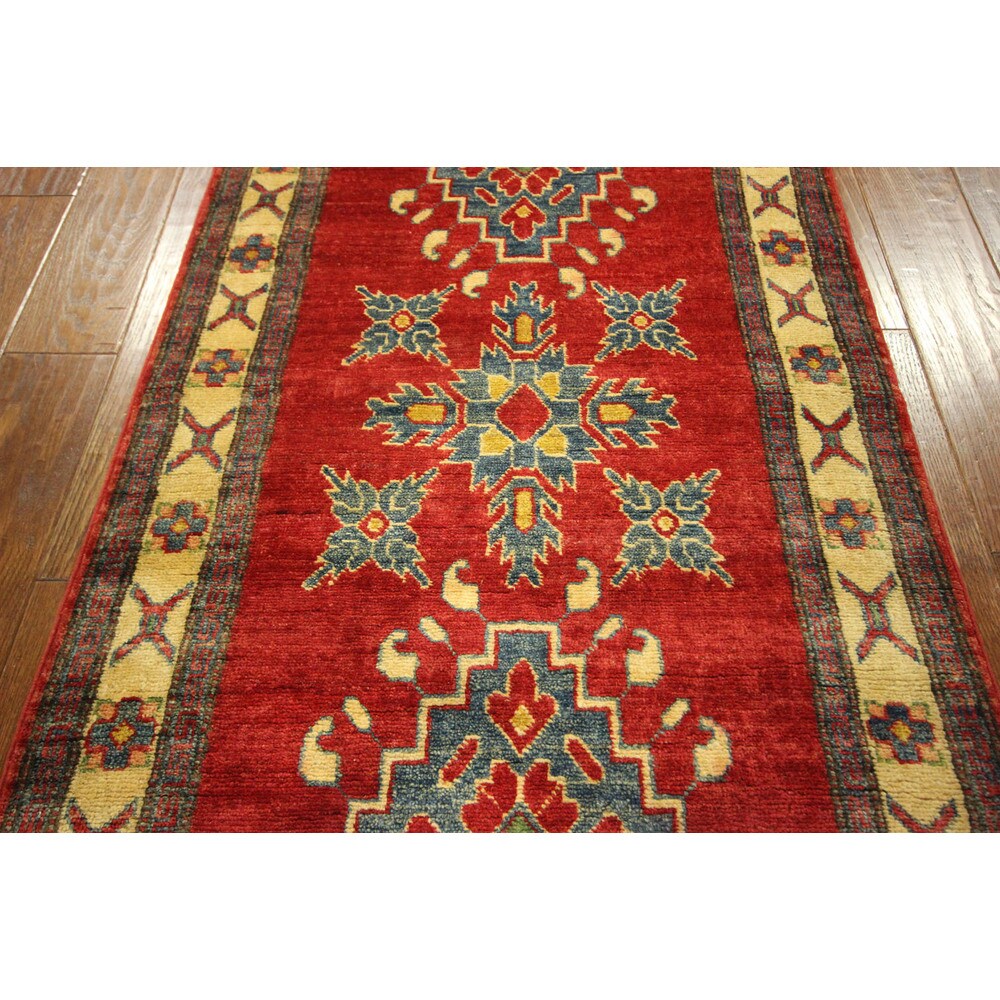 Made In Pakistan Hand-knotted Wool Super Kazak Love Red Tribal Rug (3' x 10')