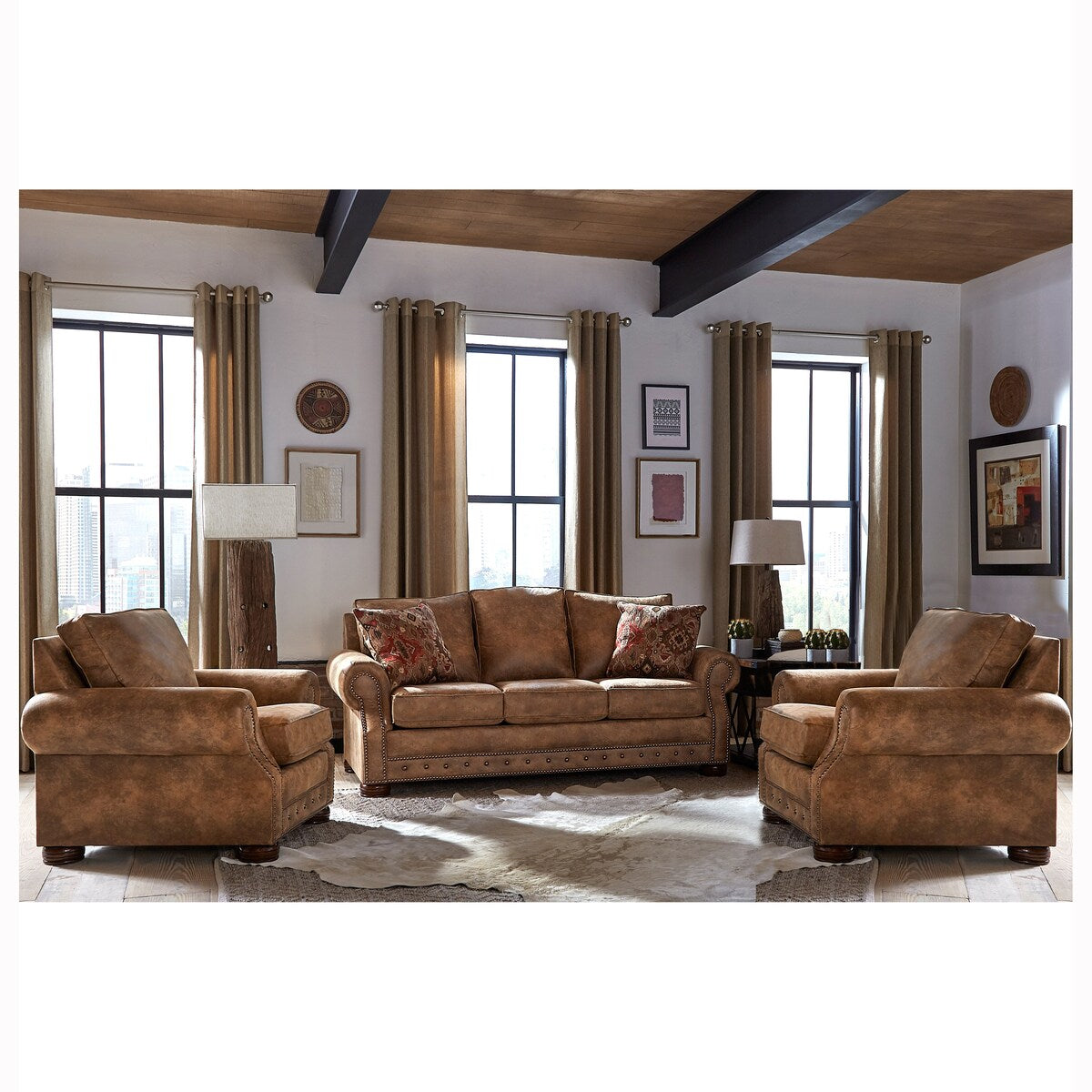 Made in USA Rancho Rustic Brown Buckskin Fabric Sofa Bed and Two Chairs Set