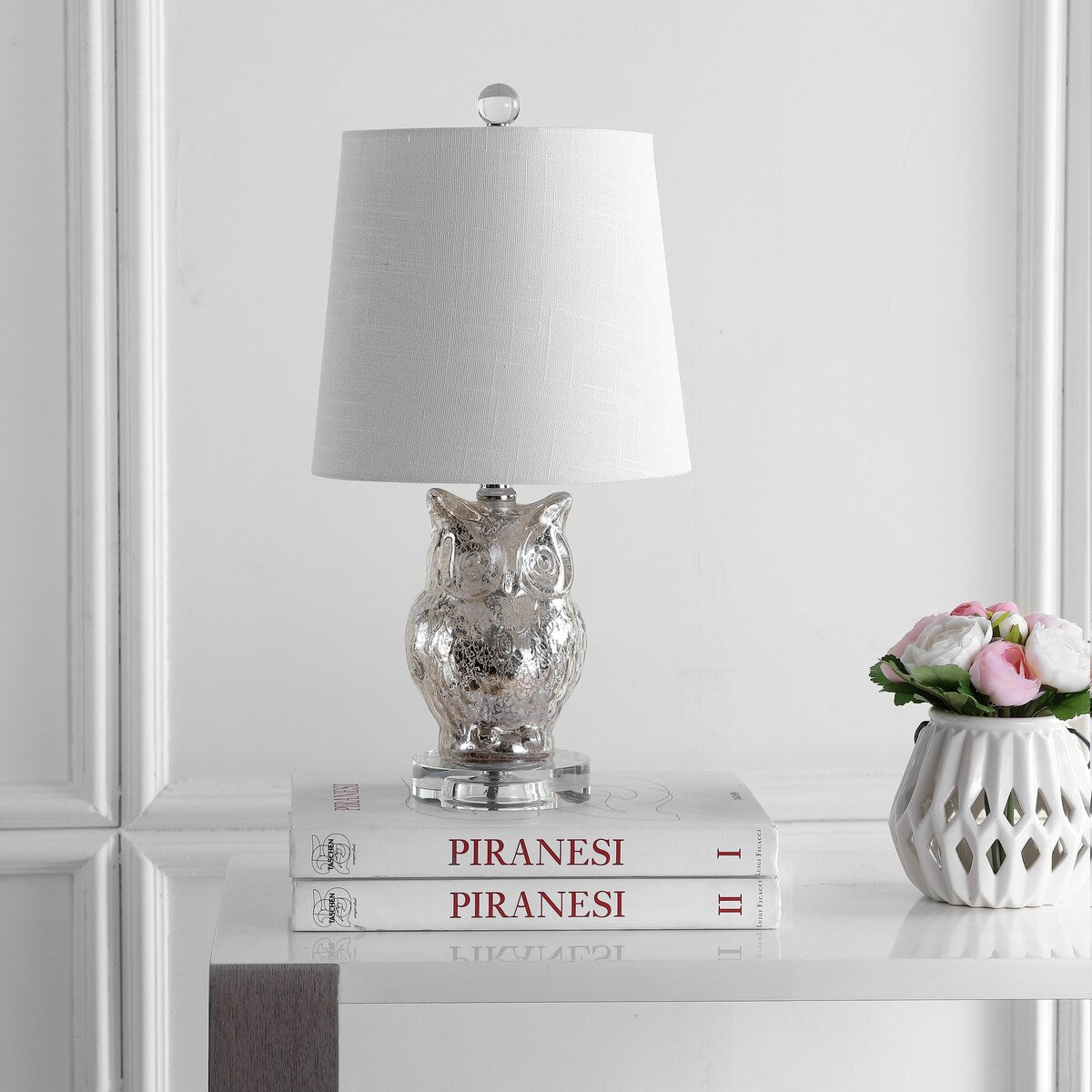 Madeline Owl 19" Glass/Crystal LED Table Lamp, Silver/Ivory by JONATHAN Y