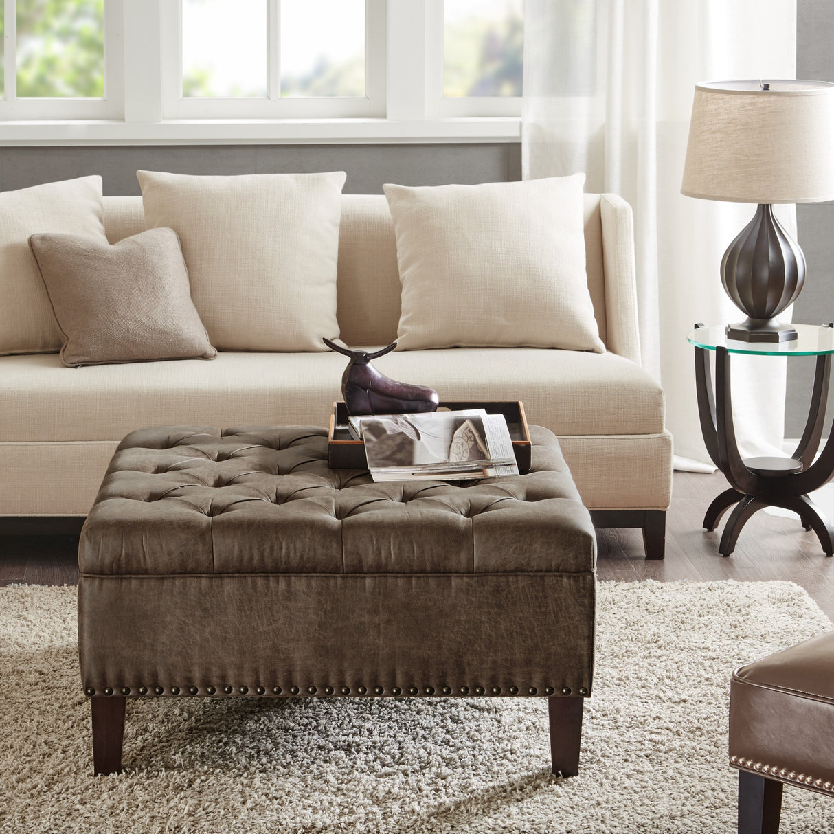 Madison Park Alice Upholstered Cocktail Ottoman - Square, Tufted, Solid Wood
