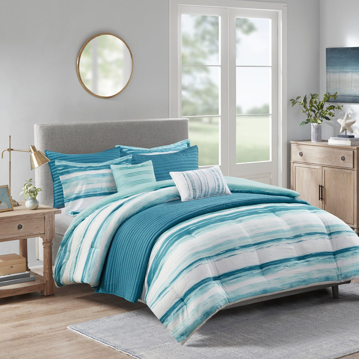 Madison Park Anchorage 8 Piece Printed Seersucker Comforter and Quilt Set Collection