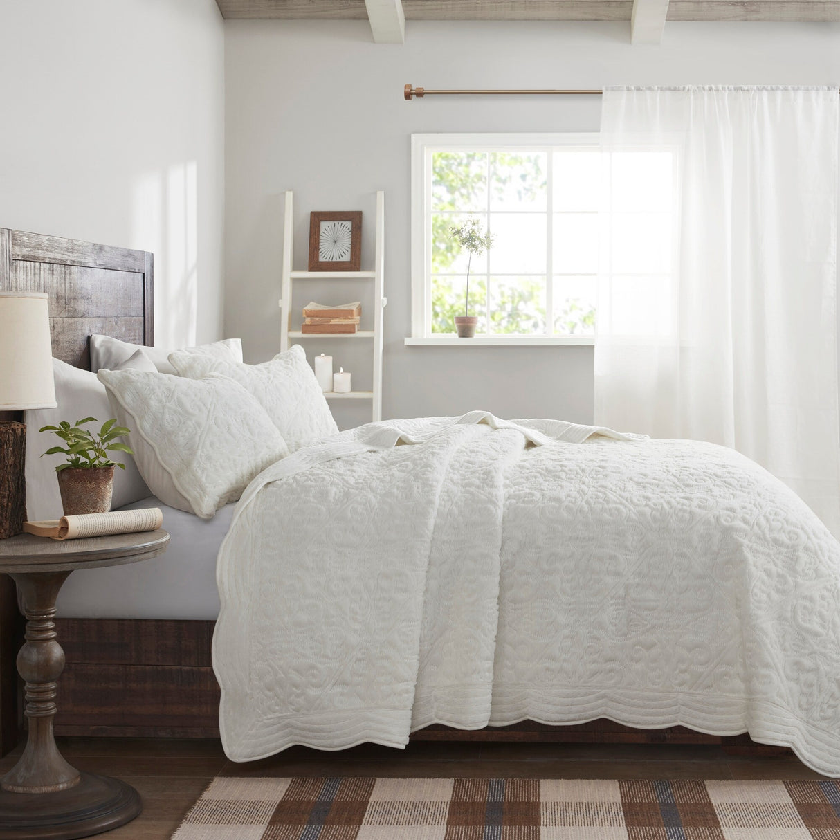Madison Park Elsa Ivory Embroidered Faux Fur Coverlet Set