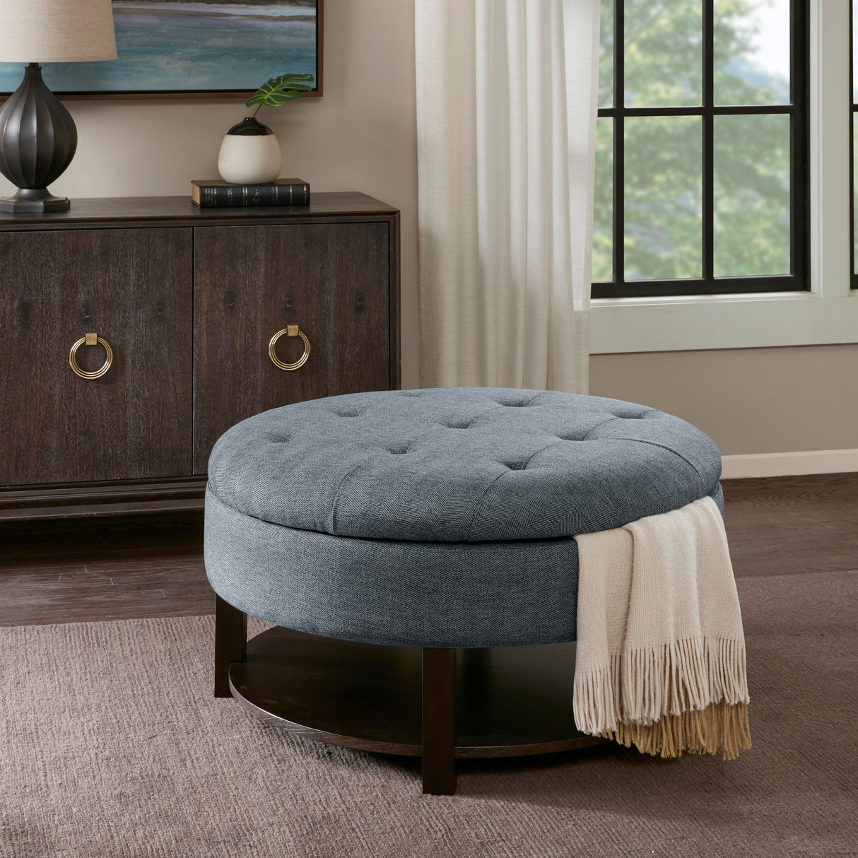 Madison Park Javier Denim/ Brown Round Storage Ottoman