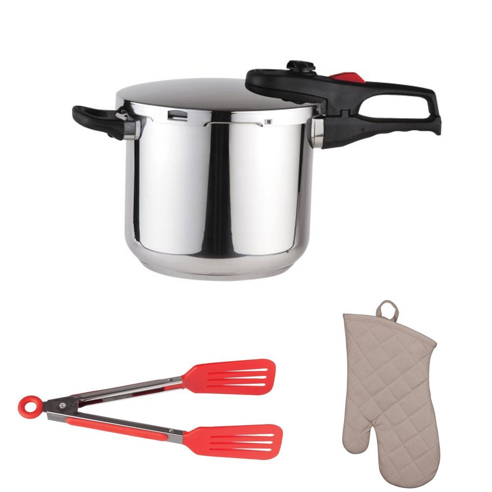 Magefesa Practika Plus 6.4-Quart Pressure Cooker with 8-Inch Nylon Flipper Tongs + Kitchen Oven Mitt - Stainless Steel