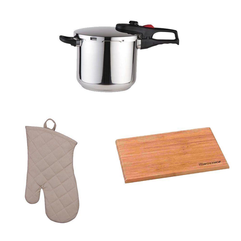 Magefesa Practika Plus 8-Quart Super Fast Pressure Cooker + Kitchen Oven Mitt + Wusthof Bamboo Cutting Board - Stainless Steel