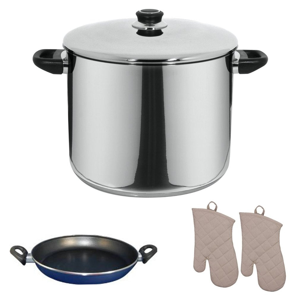 Magefesa Royal 11.8-Quarts Stockpot with Lid + Classic Praga 11-Inch Frying Pan Bundle + Two Oven Mitts
