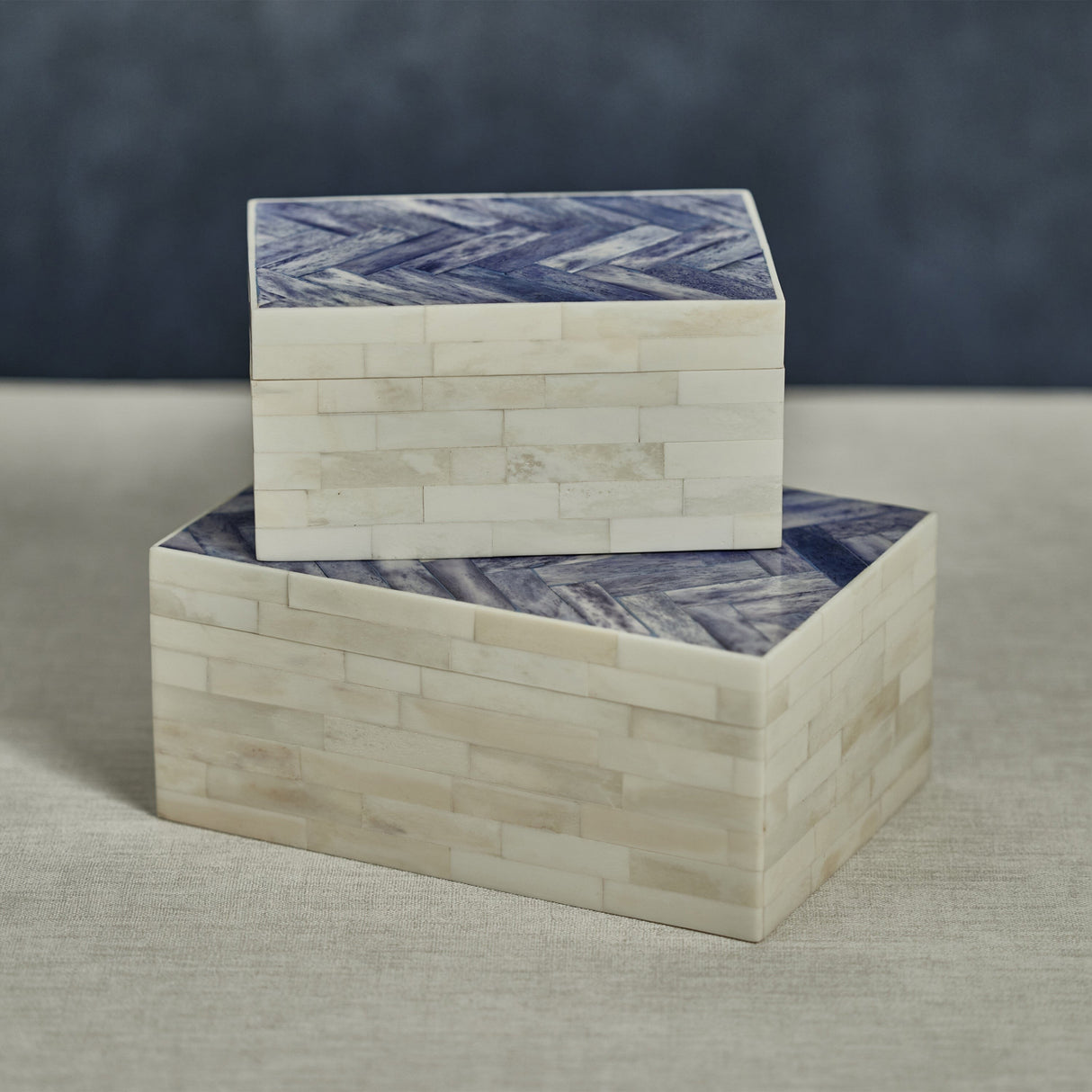 Mahar Bone Box w/ Blue Herringbone Pattern Lid