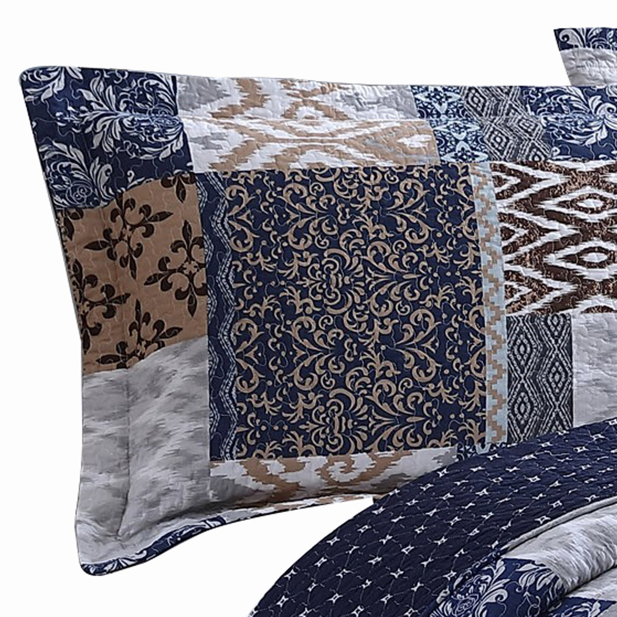 Mai 3 Piece King Cotton Quilt Set, Patchwork, Reversible, Blue, Rust Brown