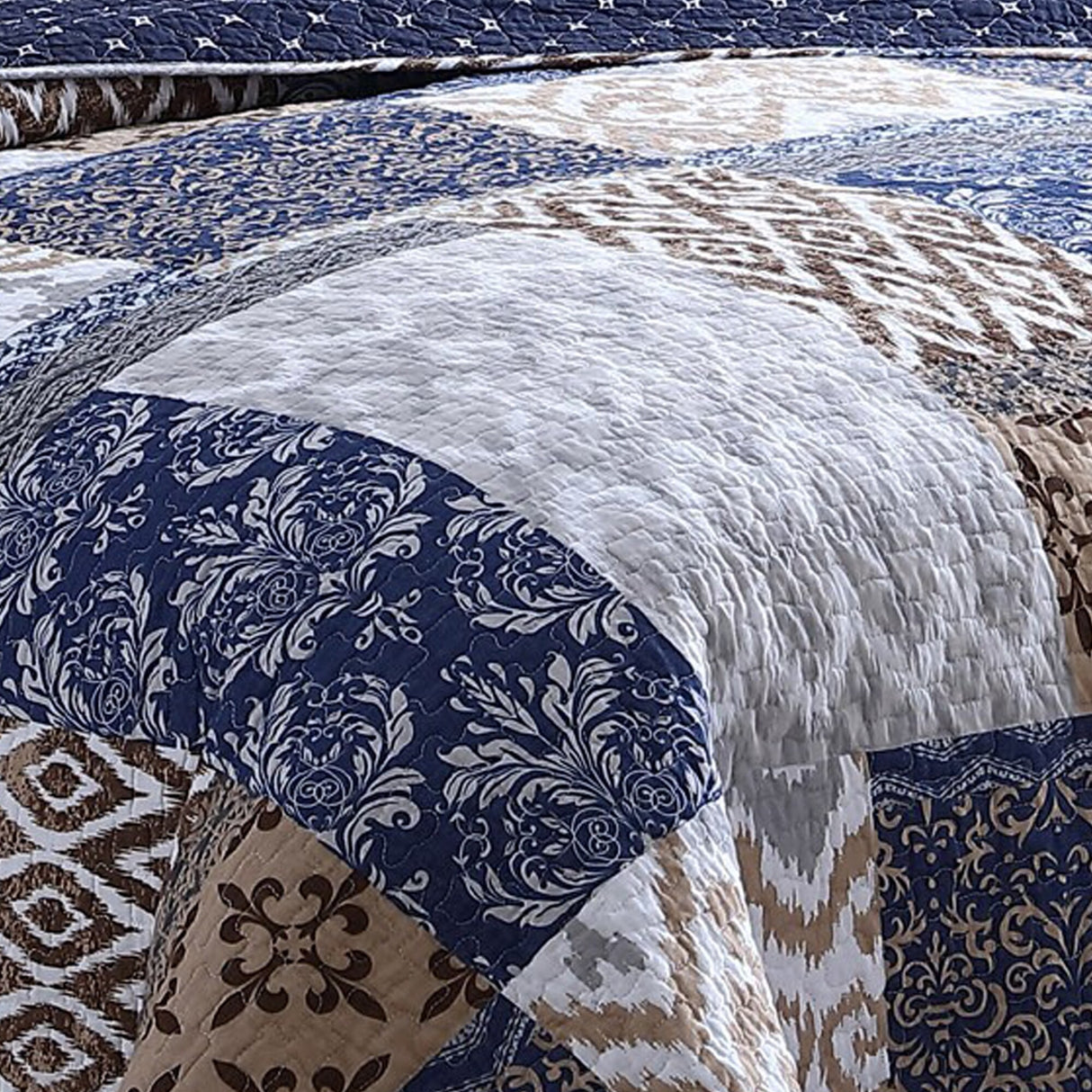 Mai 3 Piece King Cotton Quilt Set, Patchwork, Reversible, Blue, Rust Brown