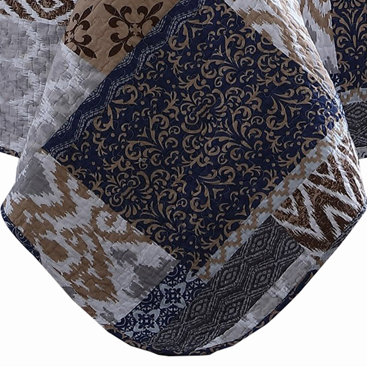 Mai 3 Piece King Cotton Quilt Set, Patchwork, Reversible, Blue, Rust Brown