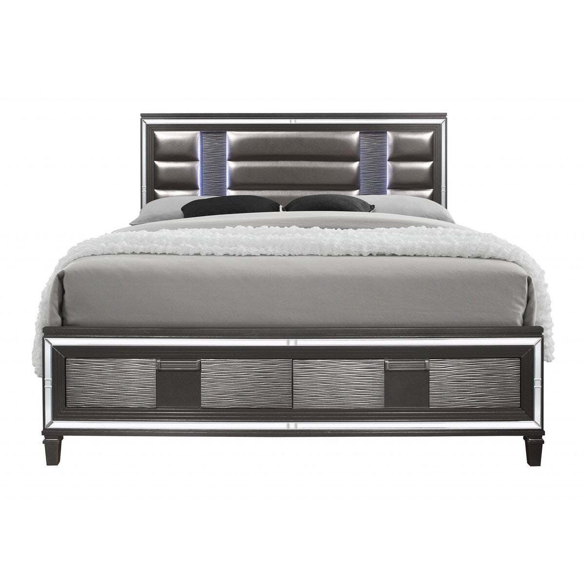 Majestic Metallic Grey Queen Bed with LED Lightning Upholstered Headboard 2 Footboard Drawer