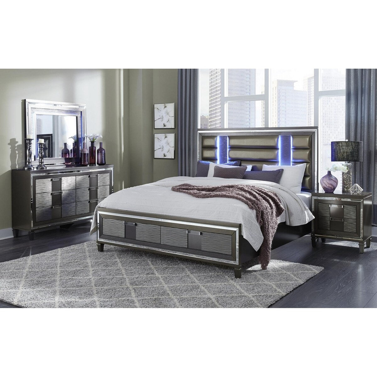 Majestic Metallic Grey Queen Bed with LED Lightning Upholstered Headboard 2 Footboard Drawer