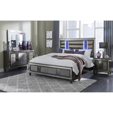 Majestic Metallic Grey Queen Bed with LED Lightning Upholstered Headboard 2 Footboard Drawer