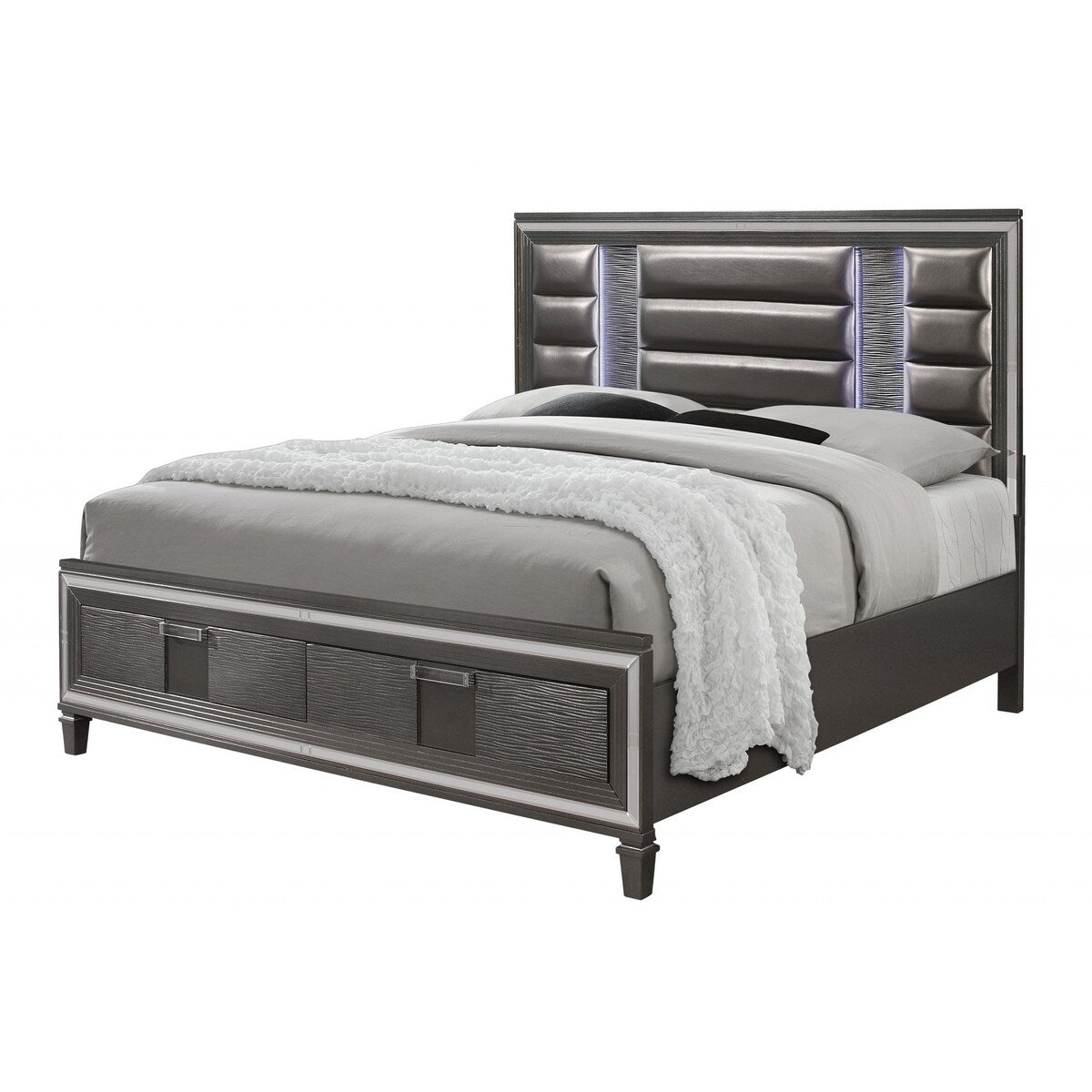 Majestic Metallic Grey Queen Bed with LED Lightning Upholstered Headboard 2 Footboard Drawer