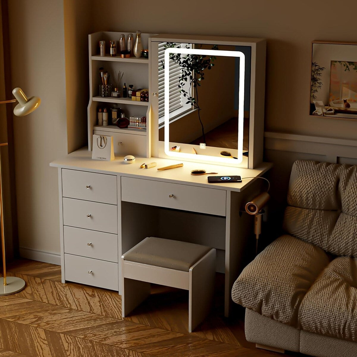 XINMICS Makeup Vanity Desk with Mirror and Lights & Charging Station